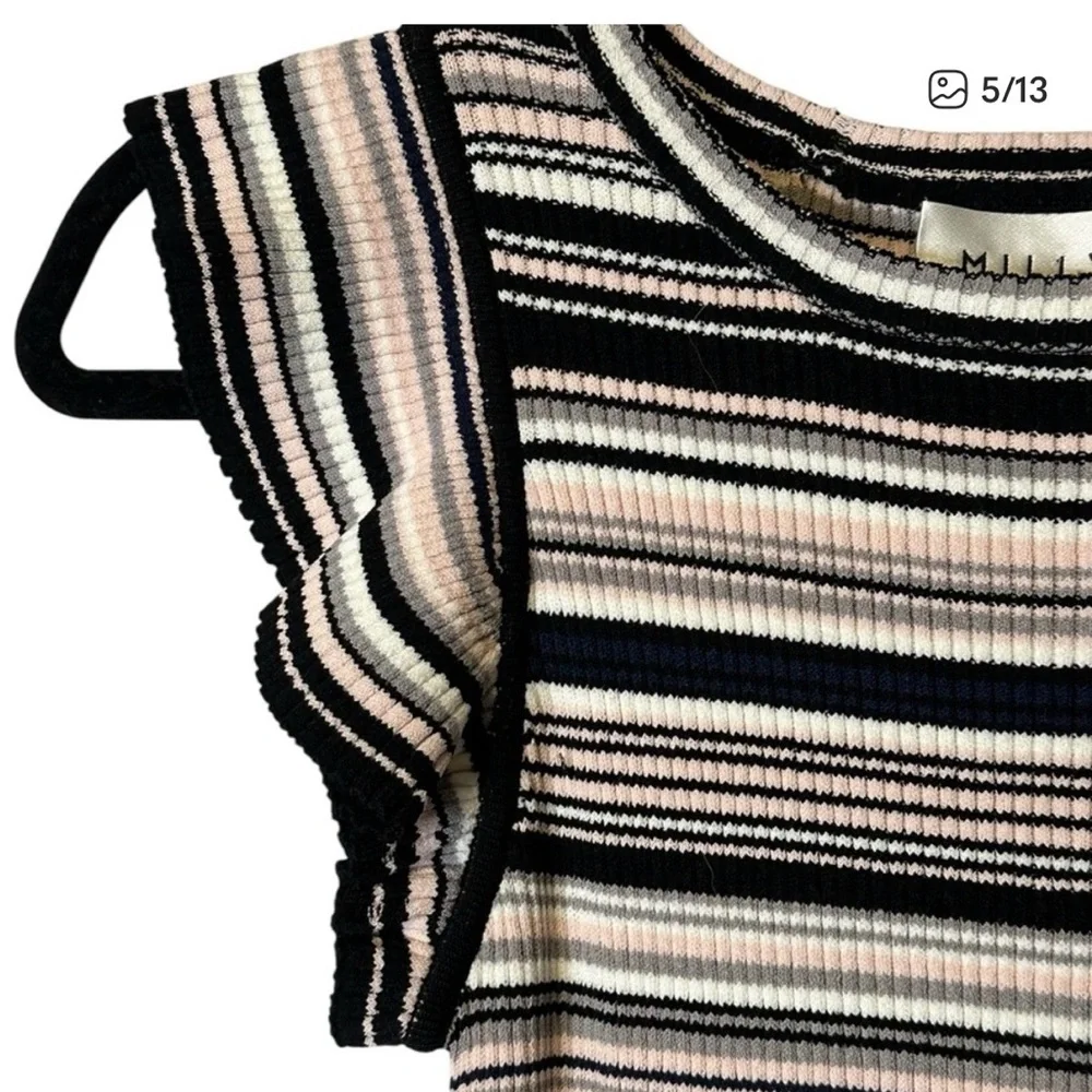 Milly Black Pink White Striped Ribbed Ruffle Hem Midi Dress - Picture 6 of 9